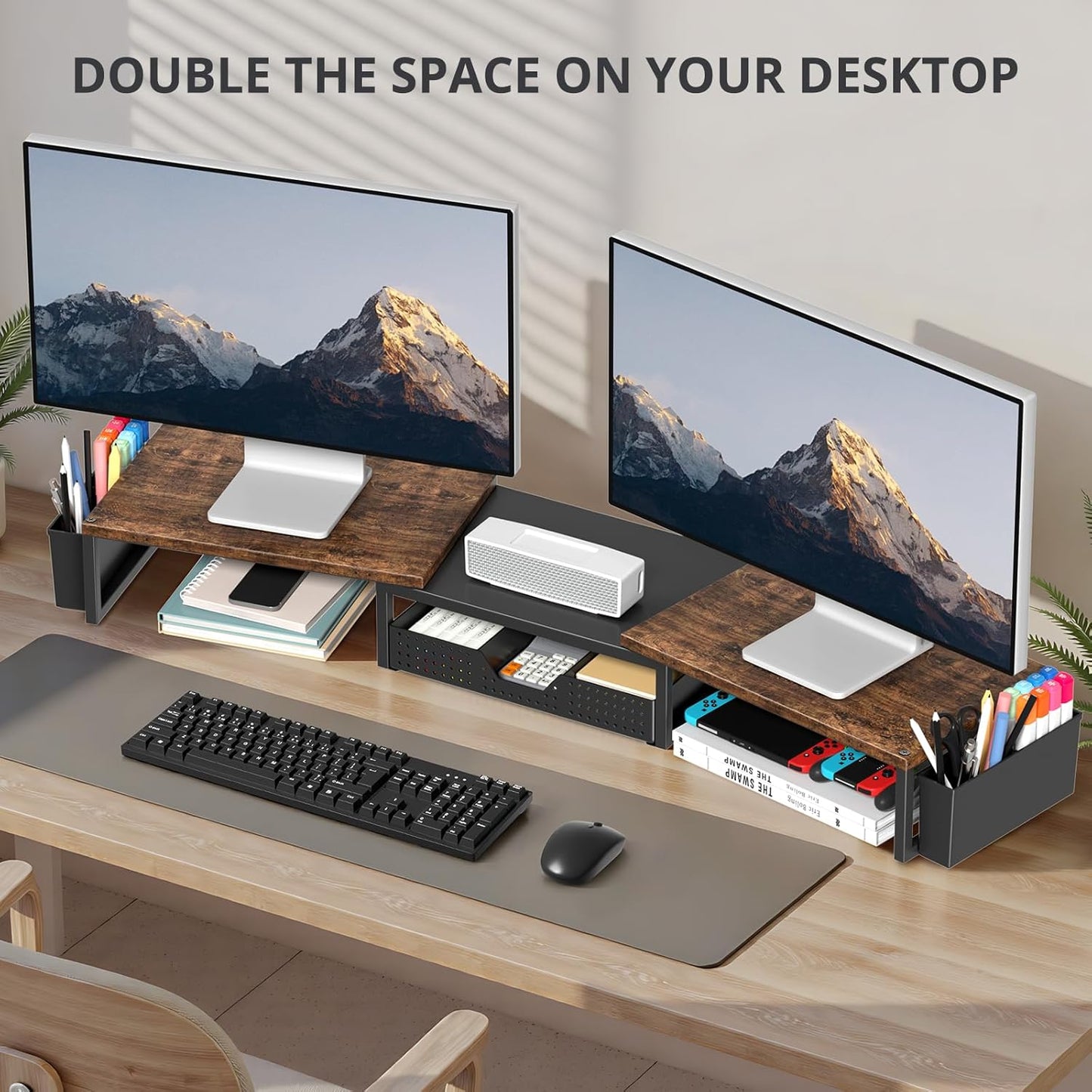 OPNICE Clear Acrylic Desk Organizers and Accessories, Dual Monitor Stand Riser with Drawer, Desk Shelf Computer Racks for Office Workspace Organizers, Desktop Organization (Transparent)