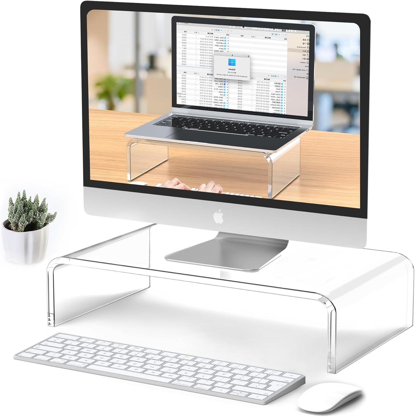 Acrylic Monitor Stand Riser Acrylic Laptop Stand for Desk Clear Computer Monitor Stand for Desk Accessories White Aesthetic Decorations for Office Home iMac Organizer