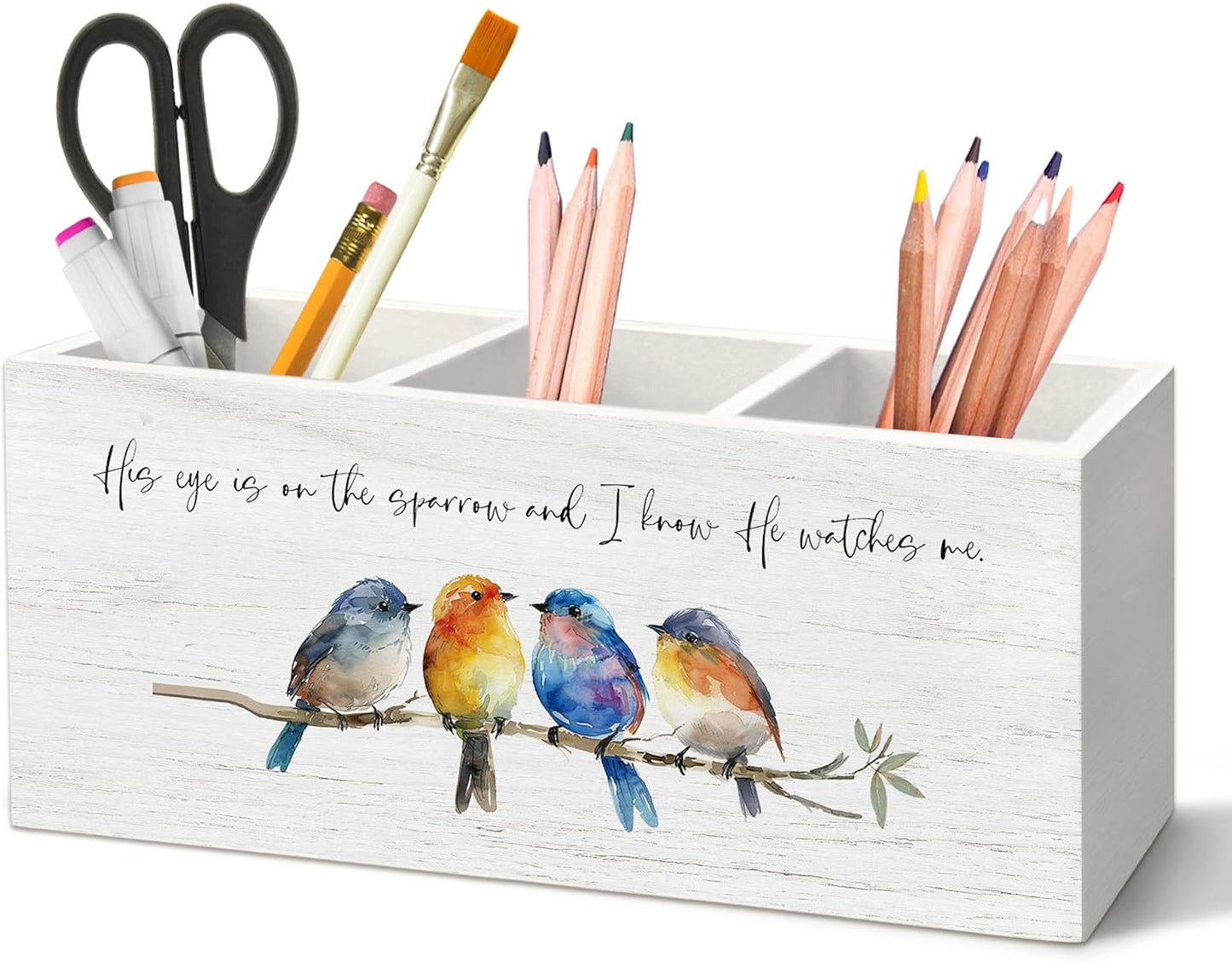 Christian Sparrow Bird Pen Holder for Desk, Religious Scripture Bible Verse Pencil Organizer, His Eye is on The Sparrow Bird Wooden Pen Holder Desk Accessories Decor for Home Office