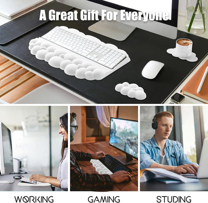 Ergonomic Wrist Rest for Keyboard and Mouse, Soft Memory Foam Cloud Keyboard Stand Pad with Wrist Rest Set, Easy Typing, Pain Relief, Comfort for Office, Work, Gaming - White