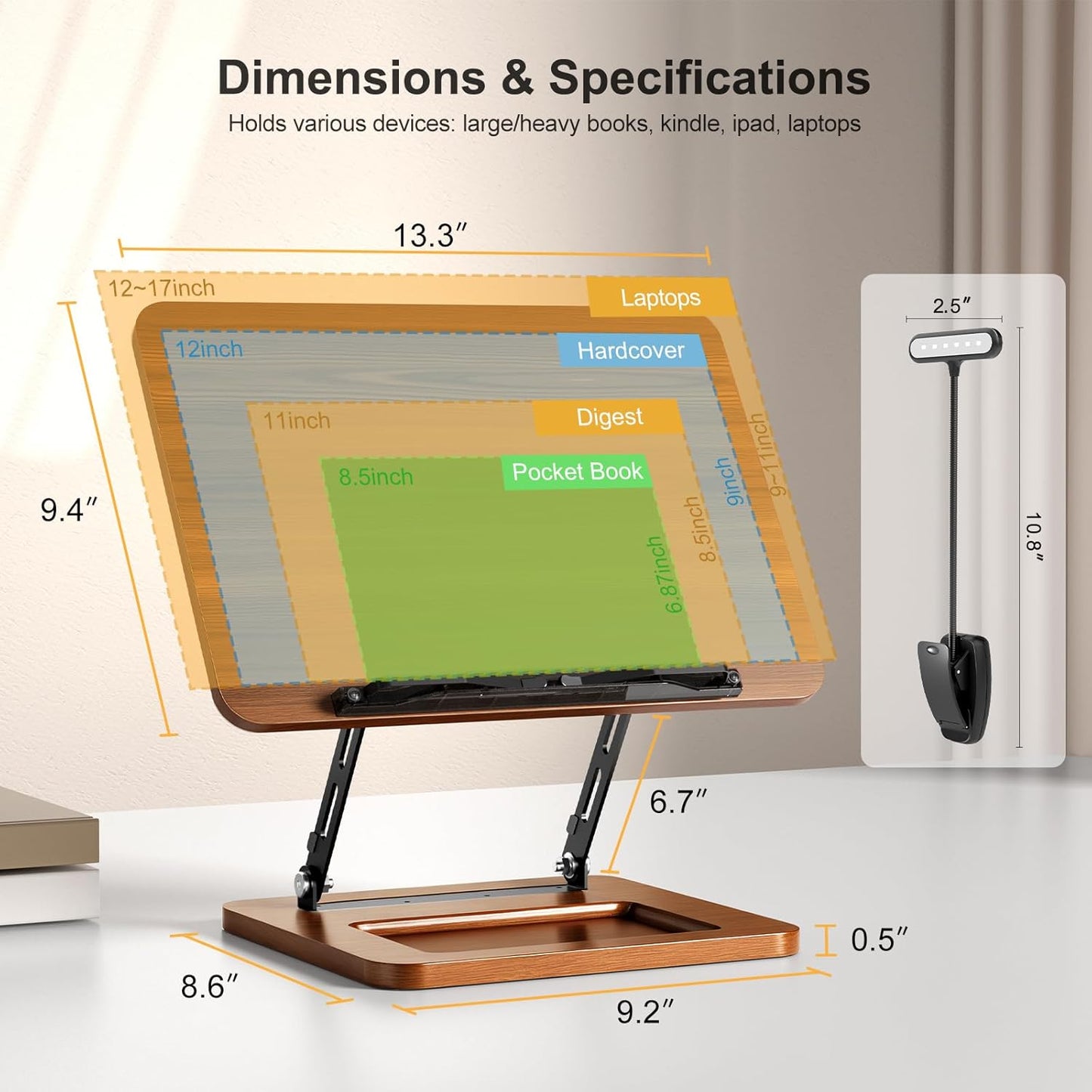Book Stand for Reading, 360° Rotating Hands Free Book Holder, Adjustable Height and Angle, Page Clip for Cookbook, Recipe, Magazine, Laptop,Tablet, Foldable for Kitchen, Office, School