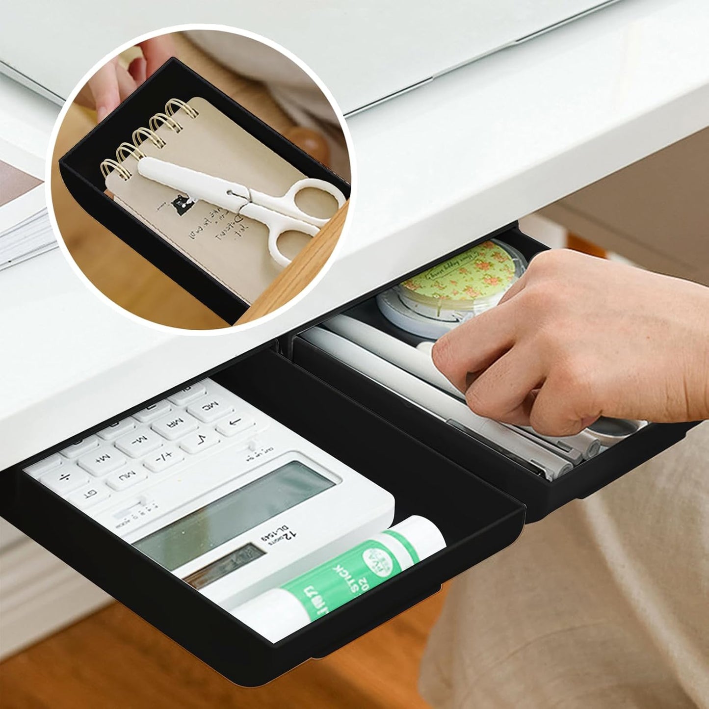 2 Packs Under Desk Drawers, Slide Out Drawer Attachment, Plastic Desk Accessories & Workspace Organizers, Self-Adhesive Hidden Desktop Pen Holder for Office School Home (Black)