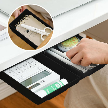2 Packs Under Desk Drawers, Slide Out Drawer Attachment, Plastic Desk Accessories & Workspace Organizers, Self-Adhesive Hidden Desktop Pen Holder for Office School Home (Black)