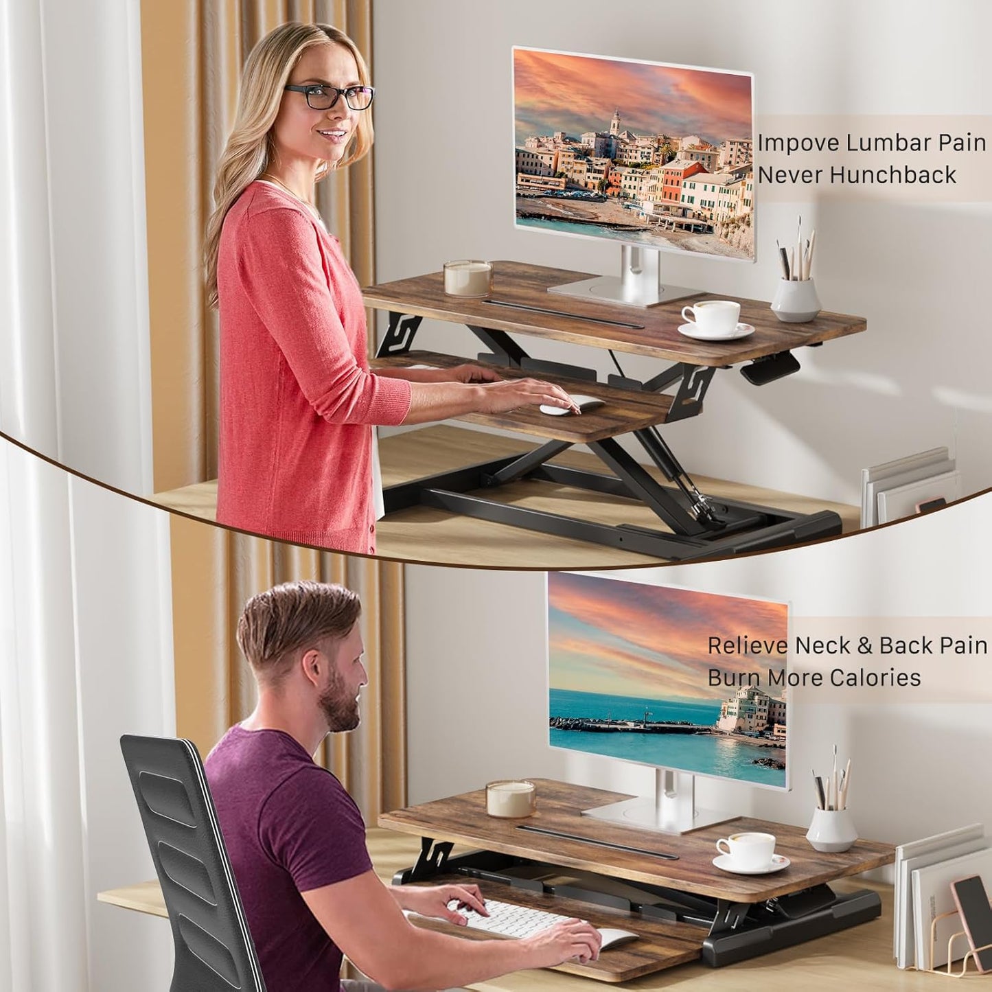 JOY worker Standing Desk Converter, 32" Wide Height Adjustable Sit Stand Up Desk Riser with Keyboard Tray, Desktop Workstation Riser for Home Office Computer Laptop, Particle Board, White