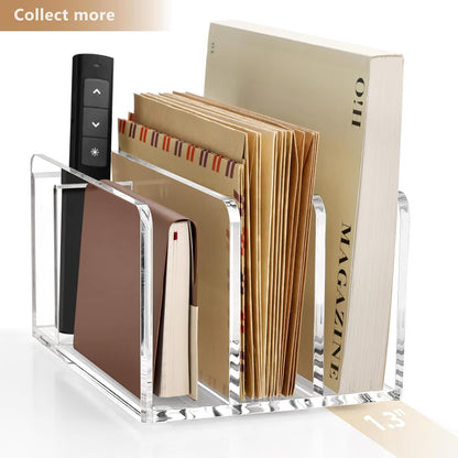 SANRUI 5 Compartments Acrylic Mail Sorter Holder, Clear Document Magazine Envelope File Rack, Vertical Letter Sorter & Multifunction Desk Organizer for Bills, Documents, Notebooks