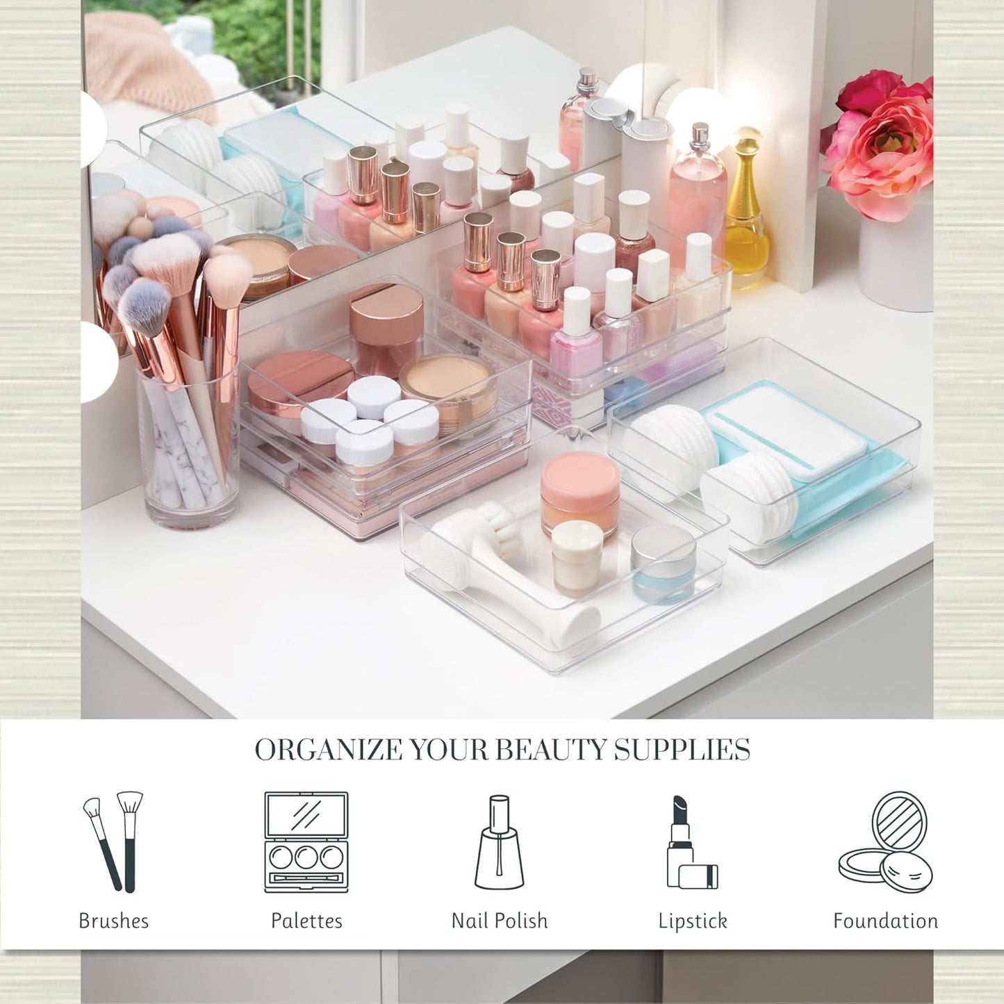 STORi SimpleSort 3-Piece Stackable Clear Drawer Organizer Set | 9" x 6" x 2" Rectangle Trays | Wide Makeup Vanity Storage Bins and Office Desk Drawer Dividers | Made in USA