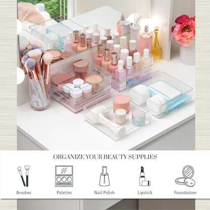 STORi SimpleSort 3-Piece Stackable Clear Drawer Organizer Set | 9" x 6" x 2" Rectangle Trays | Wide Makeup Vanity Storage Bins and Office Desk Drawer Dividers | Made in USA