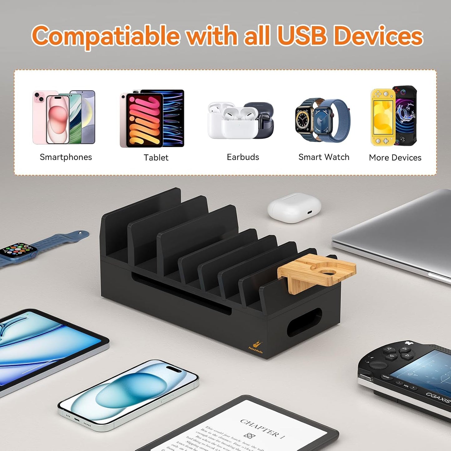 Pezin & Hulin Bamboo Charging Station with Watch Stand, Docking Holder for Multi Device with 5 Port USB Charger HUB, 5 Charge Cables, Desktop Electronic Organizer for Cellphone, Tablet, Watch