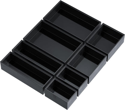 Bathroom Drawer Organizer Trays, Bamboo Drawer Organizer Kitchen Utensils Silverware Organizer, 8 PCS Wood Box Stackable Bins for Makeup, Office Desk, Junk Drawer (Black)