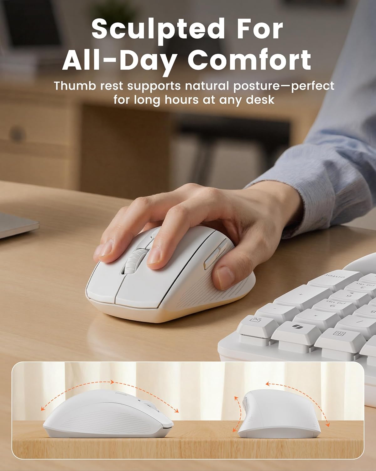 Wireless Keyboard and Mouse Combo, SABLUTE MA41 30dB Quiet Ergonomic Wave Keyboard Set with Soft Leather Palm Rest, Dual-System Switch for Windows/Mac, Ideal for Business Teams Home Office