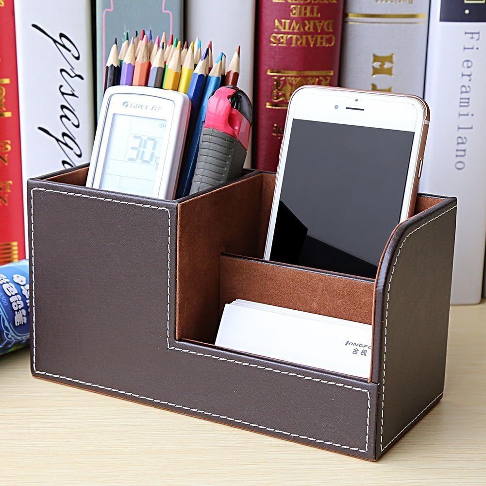 KINGFOM Desk Organizer Office Supplies Caddy Pu Leather Multi-function Storage Box Pen/Pencil,Cell phone, Business Name Cards Remote Control Holder with Small Drawer Black