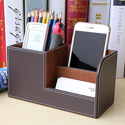 KINGFOM Desk Organizer Office Supplies Caddy Pu Leather Multi-function Storage Box Pen/Pencil,Cell phone, Business Name Cards Remote Control Holder with Small Drawer Black