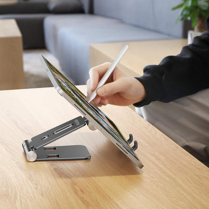 OMOTON Foldable Cell Phone Stand, C4 Portable Aluminum Phone Holder, Adjustable Phone Dock Cradle Compatible with iPhone 17/16/15 Pro Max Air, Samsung Galaxy, Small Tablets, All Smart Phones, Silver