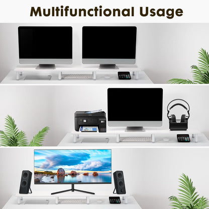 La Jaco 47 Inch Extra-Long Dual Monitor Stand Riser for 2 Monitors, Desk Shelf TV Riser Blocks, Wood and Steel Desktop Riser for Computer, Laptop, Printer, Home Office Organization, White