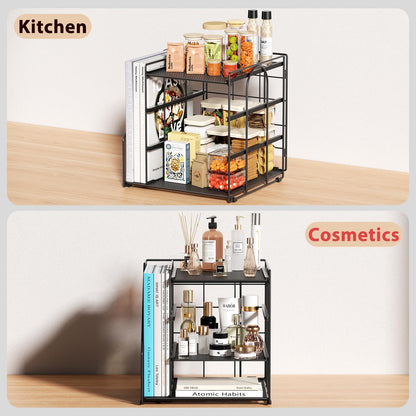 Desk Organizer, 4-Tier Metal File Organizer for Desk with Vertical File Holder, Office Accessories and Desktop Storage for Office Supplies (Black)