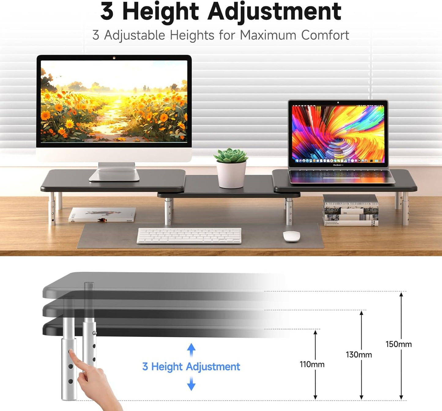 suptek Computer Monitor Stand Riser,Monitor Riser for Laptop, Printer, Notebook and All Flat Screen TV Display with Vented Platform,3 Height Adjustable Laptop Riser,1 Pack,Black(MST003)