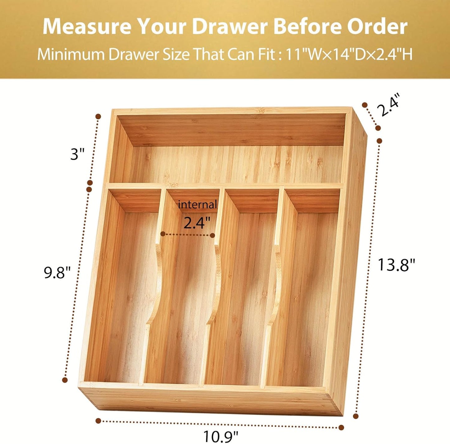 Umilife Bamboo Kitchen Drawer Organizer, 13 Inch Silverware Utensil Tray Holder, Extra Deep Grooved Drawer Divider, 7 Slots Total Bamboo Wood Caddy for Flatware Cutlery Knives, Forks, Spoons