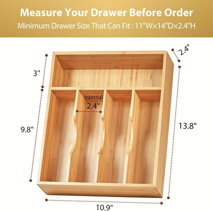 Umilife Bamboo Kitchen Drawer Organizer, 13 Inch Silverware Utensil Tray Holder, Extra Deep Grooved Drawer Divider, 7 Slots Total Bamboo Wood Caddy for Flatware Cutlery Knives, Forks, Spoons