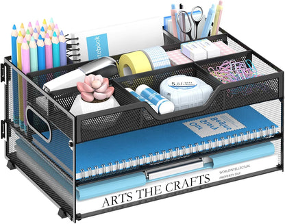 DALTACK 3 Tier Paper Organizer with Handle, Mesh Metal Desk Organizer with Sliding Paper Trays for Letter/A4 Paper, Mail, Bills & Folders, Black