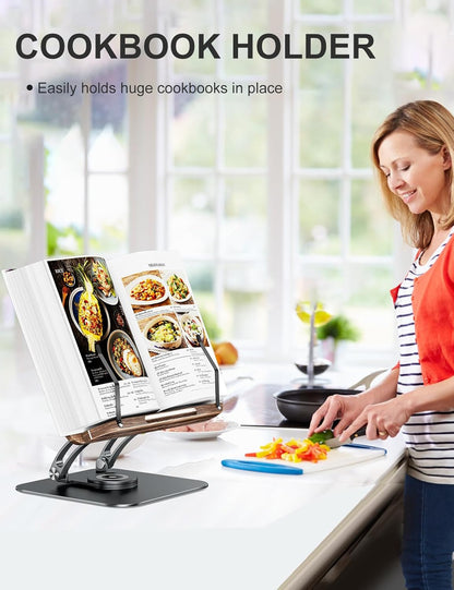 Tounee Book Stand for Reading, Adjustable Book Holder with 360° Swivel Base, Foldable Cookbook Stand Recipe Book Holder with Elastic Page Clips for Music Scores, Recipe, Tablet, Laptop-Gray