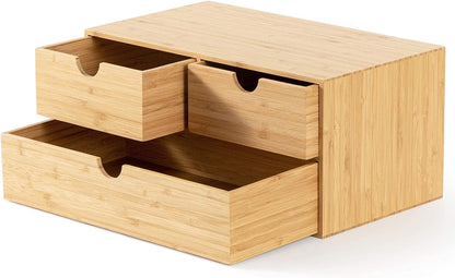 Wisuce Bamboo Desk Drawer Organizer, Desktop Organizer with Drawers Tabletop Storage Organization Box for Office Home Toiletries Supplies Vanity, No Assembly Required(3 Drawers-left right)