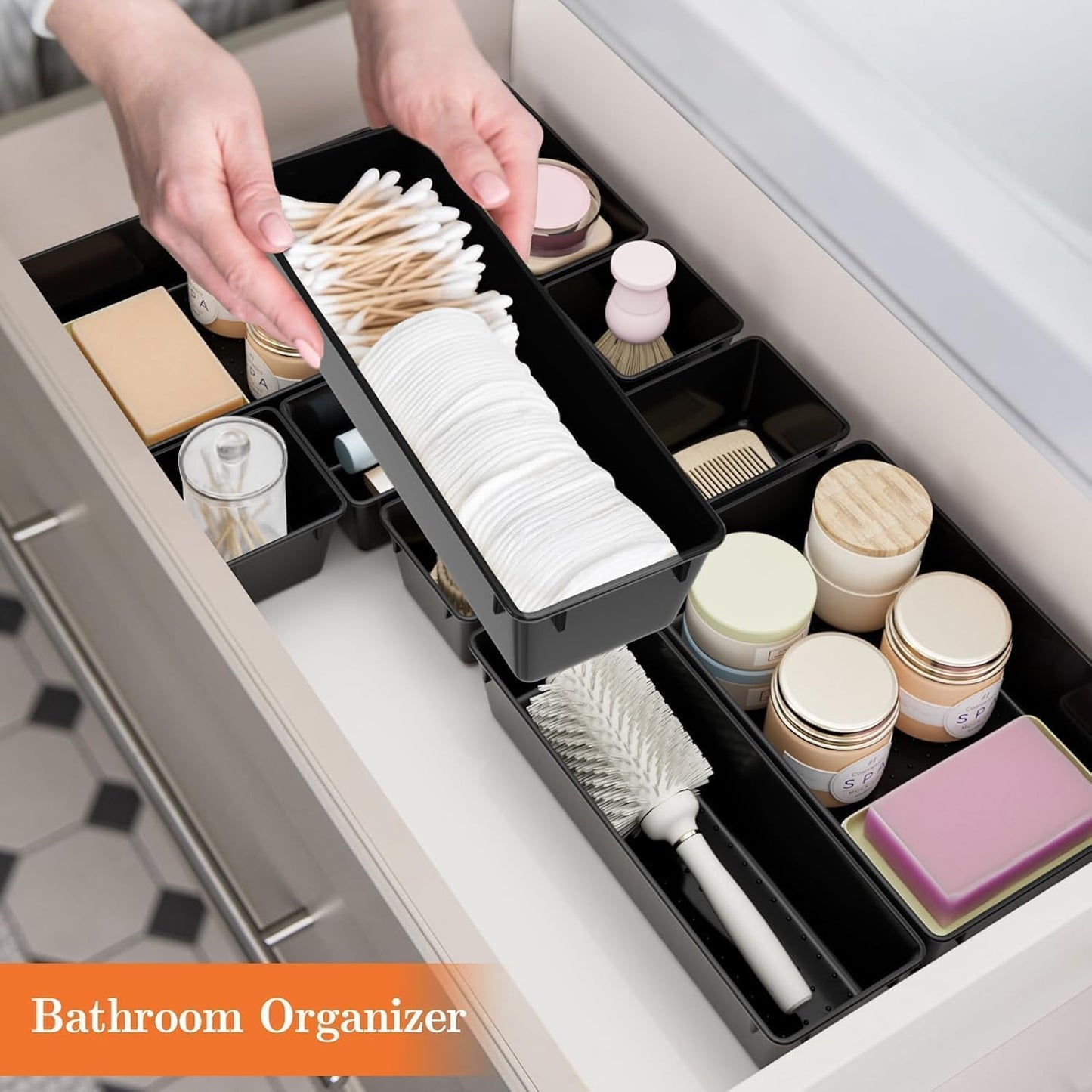 SpaceHacks 25 PCS Plastic Drawer Organizer Set, 4-Size Versatile Organizer Tool Trays & storage Bins for Makeup, Jewelry, and Gadgets in Bathroom, Bedroom and Office,Clear Black