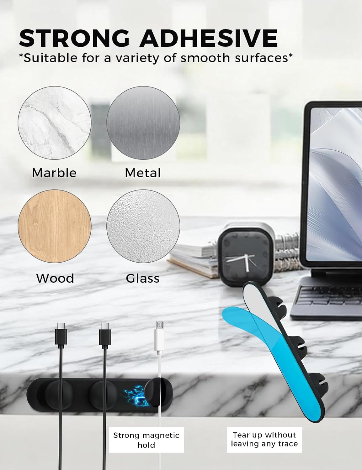 Magnetic Silicone Cable Clips with No-Residue Strong Adhesive – Desk, Under-Desk, Nightstand, Wall, Car, Office & Home Cord Organizer for Cable Management - Black
