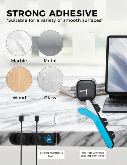 Magnetic Silicone Cable Clips with No-Residue Strong Adhesive – Desk, Under-Desk, Nightstand, Wall, Car, Office & Home Cord Organizer for Cable Management - Black