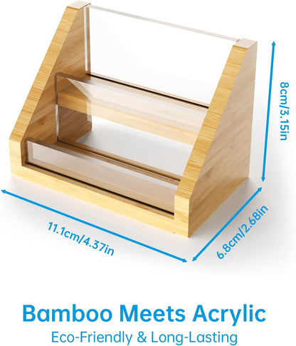 Sleek Bamboo Acrylic Business Card Holder for Reception, Office Desk, Meetings, Trade Shows, Home Office, Versatile Use Professional Display, Natural Modern Blend Elegant Organizer (3 Tiers)