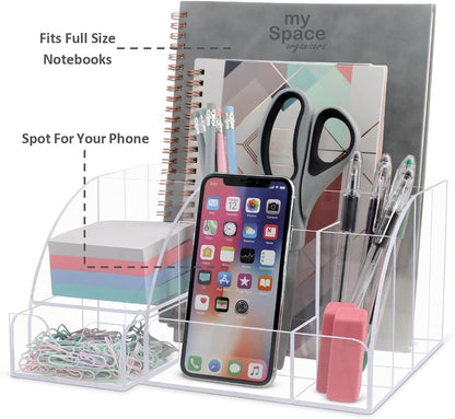 My Space Organizers Clear Acrylic Desk Oganizer, 9 Compartments, Office Supplies and Desk Accessories Organizer, Home Decor Desktop Organizer (Clear)