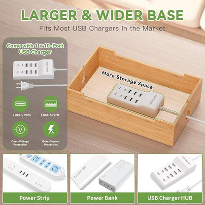 Pezin & Hulin Bamboo Charging Station for Multiple Devices, USB Charger Dock Organizer, with Power Supply (10 Ports HUB), 6 Cables, Cable Management Organizer for Cell Phones, Tablets -Natural+White