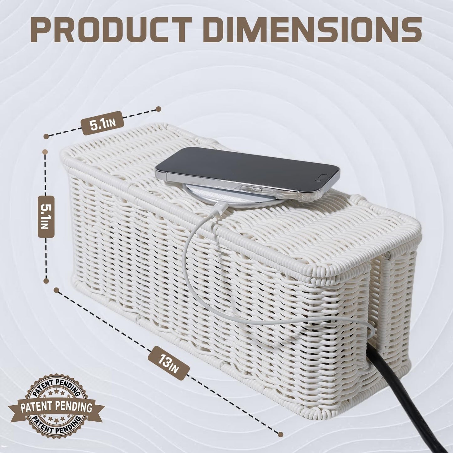 Cable Management Box, Handmade Rattan Cable Organizer with 2 Open Slots, Cord Hider for Power Strip, Router & USB Hub, Registered U.S. Design Patent (D1,112,102), 13" x 5.1" x 5.1", Natural