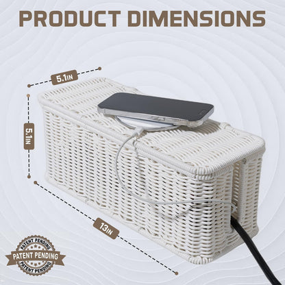 Cable Management Box, Handmade Rattan Cable Organizer with 2 Open Slots, Cord Hider for Power Strip, Router & USB Hub, Registered U.S. Design Patent (D1,112,102), 13" x 5.1" x 5.1", Natural