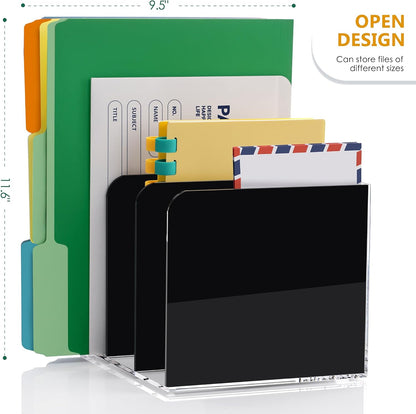 SANRUI Acrylic Magazine Holder Desk Organizer Workspace Sorters，Clear Bookend File Sorter Holder，Folder Rack, Office Accessories Organization Storage with 3 Vertical Compartments
