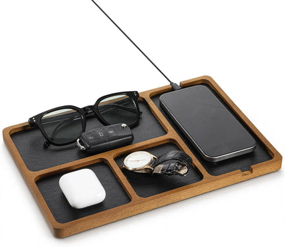 Walnut Wooden Valet Tray for Men, PU Leather Inlay Nightstand Organizer, Bedside Table Tray with Cable Slot for Keys, Phone, Watch, Jewelry