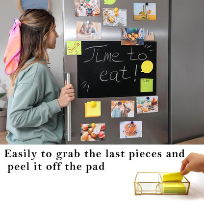 Sticky Note Holder,Glass Post It Note Dispenser with Pen Slot,Gold 3 x 3 Inch Post It Note Holder for Desk,Stylish Sticky Note Dispenser for Home Office Desk