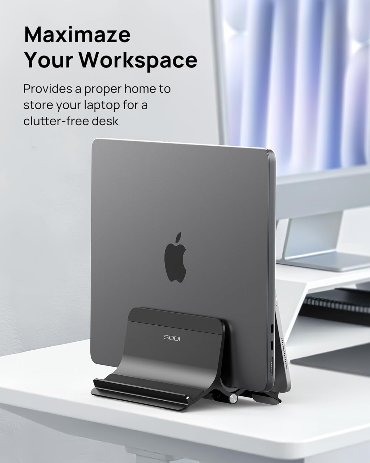 SODI Vertical Laptop Stand for Desk, Gravity Auto Lock MacBook Stand, Aluminum Laptop Holder Vertical Compatible with MacBook Pro, Air, Tablet, Space-Saving Organize Work & Home Office, Gray