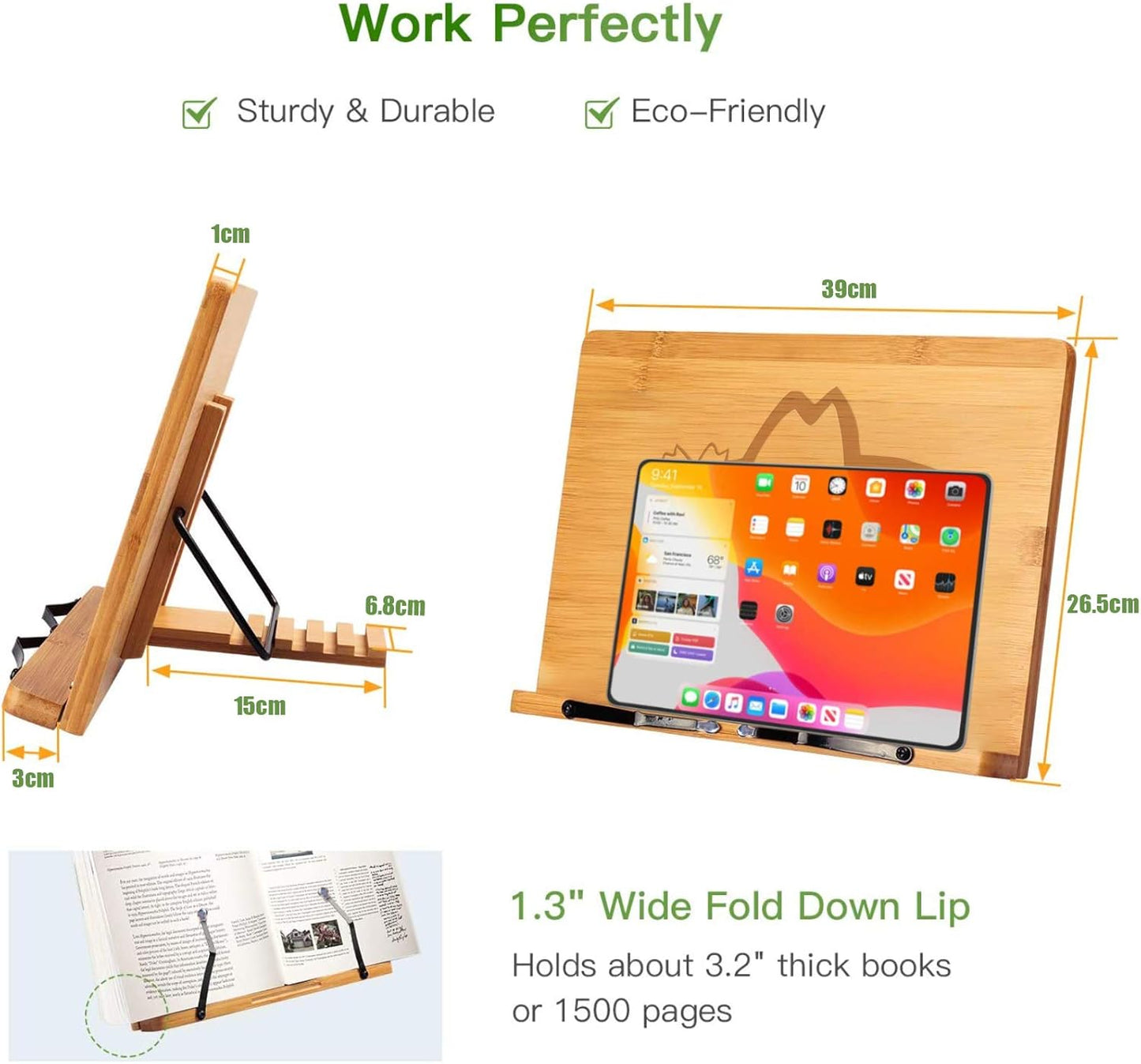 wishacc Bamboo Book Stand, Adjustable Book Holder Tray and Page Paper Clips-Cookbook Reading Desk Portable Stable Hard-Wearing Lightweight Bookstand-Textbooks Books