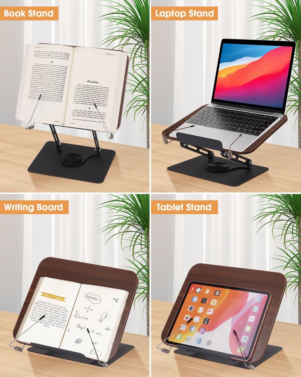 Honagu Book Stand for Reading, Adjustable Book Holder with 360 Degree Rotating Base & Page Clips, Hands Free Foldable Desktop Cookbook Stand for Sheet Music, Laptop, Recipe, Textbook (Acrylic)