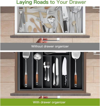 Pipishell Bamboo Expandable Silverware Drawer Organizer, Adjustable Kitchen Utensil Tray for Forks, Spoons and Knives, Wood Storage Cutlery Holder for Bedroom and Living Room