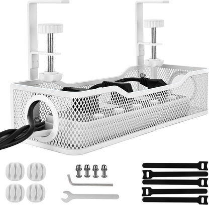 Under Desk Cable Management Box 25.3 Inch – Clamp-Mounted Cable Organizer Tray, Large Cord Management Box for Office & Home, Wire Organizer Under Desk Storage, White
