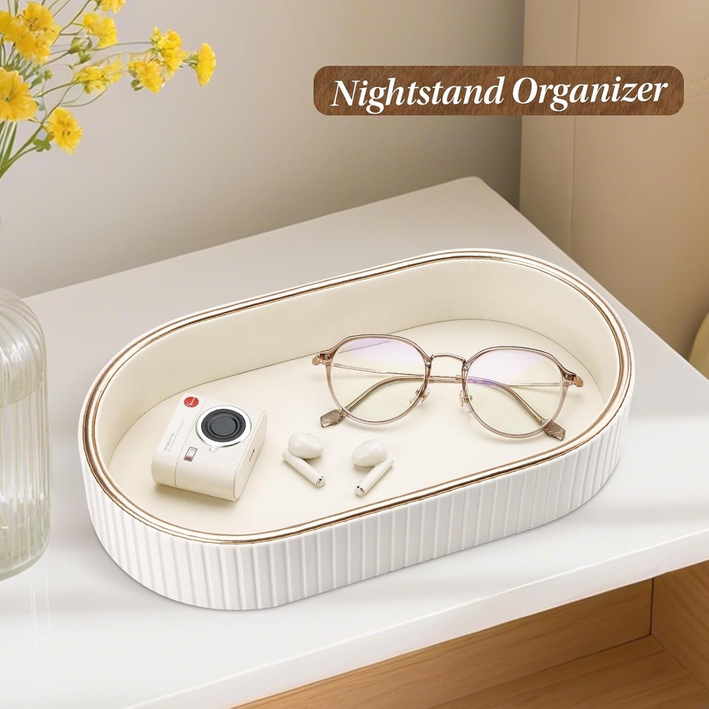 GORESE PU Leather Perfume Tray Nightstand Organizer, Small Oval Desk Tray Jewelry Trinket Trays Valet Organizer Key Bowl for Entryway Dresser Bathroom, Catchall Trays for Men Women, 11×5.9 in, Beige