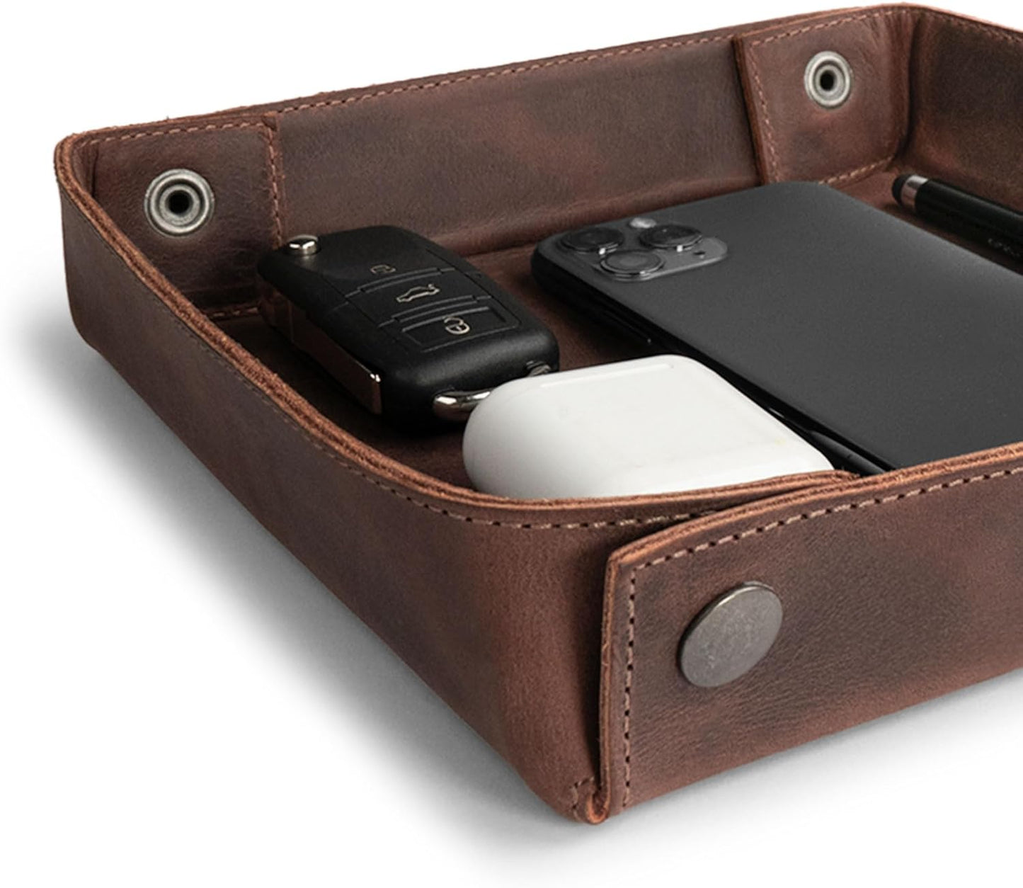 Hide & Drink, Leather Catchall Tray, Easy Access Organizer for Keys, Coins, Change, Jewelry, Watches, Smartphones, Durable, Vintage Style, Handmade :: Bourbon Brown