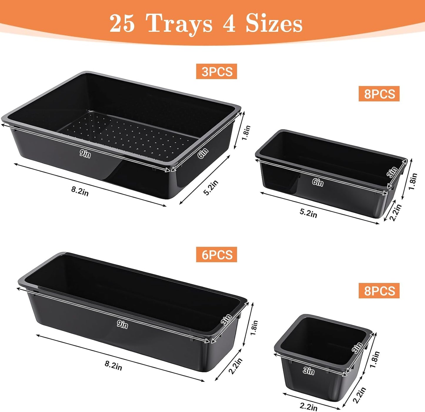 SpaceHacks 25 PCS Plastic Drawer Organizer Set, 4-Size Versatile Organizer Tool Trays & storage Bins for Makeup, Jewelry, and Gadgets in Bathroom, Bedroom and Office,Clear Black