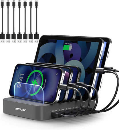 MSTJRY Charging Station for Multiple Devices : 5 Port Multi USB-A Charger Stations Multi-Device Organizer Charging Dock Designed for iPhone iPad Cell Phone Tablets (7 Short Cables Included)