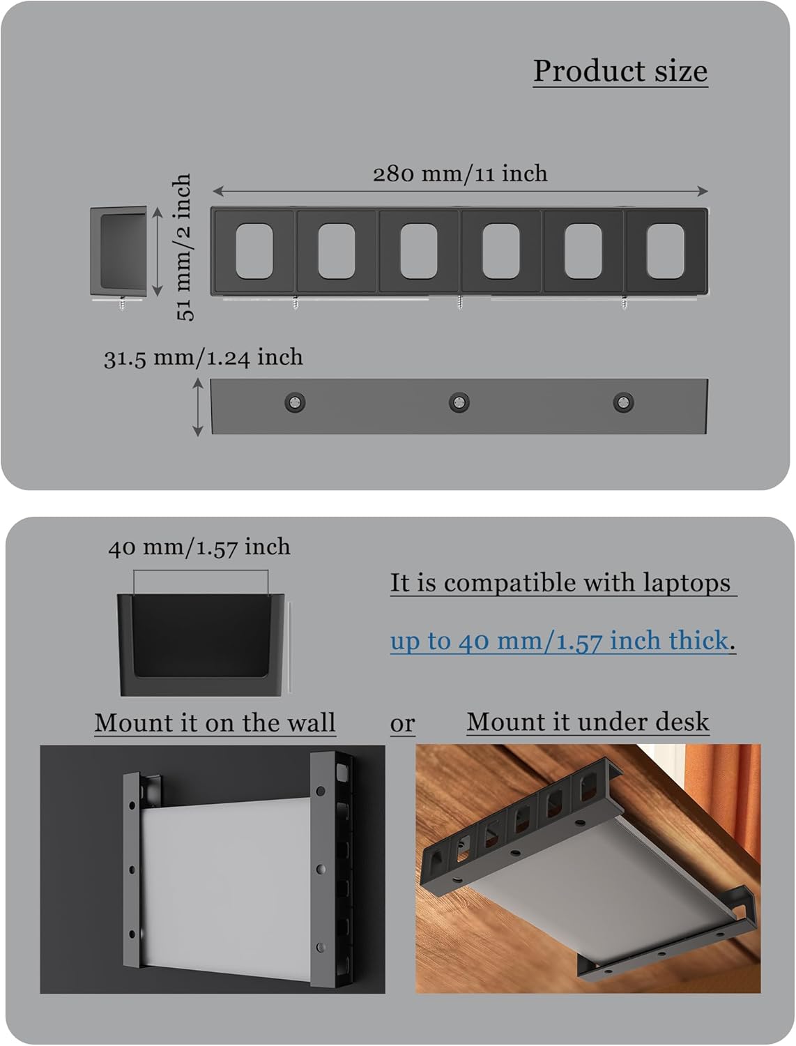 Under Desk Mount Holder or Wall Mount, Fit for Laptop, Keyboard, Routers, Modems, Cable Box, Network Switch and Devices Up to 40mm/1.57in Thick (Black)
