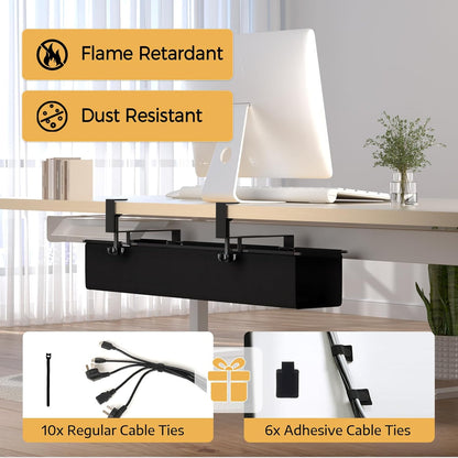 Under Desk Cable Management Tray 27.2" - No Drill Computer Wire Organizer Cable Tray, Cord Hider Clamp Mount with 16X Cable Ties PC Cables Management Cord Holder for Office/Home (Upgrade Fabric,White)