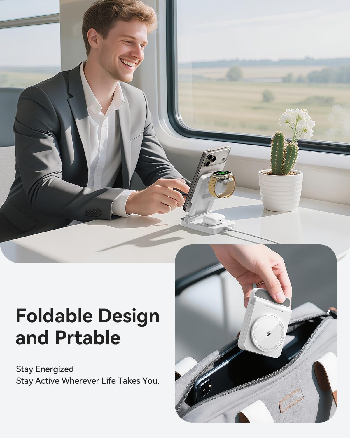 3-in-1 Foldable & Retractable Magnetic Wireless Charger, 15W Fast Charging Station, Portable Fast Charging Stand, Charging for iPhone 17/16/15/14/13/12, Apple Watch, AirPods (Black)