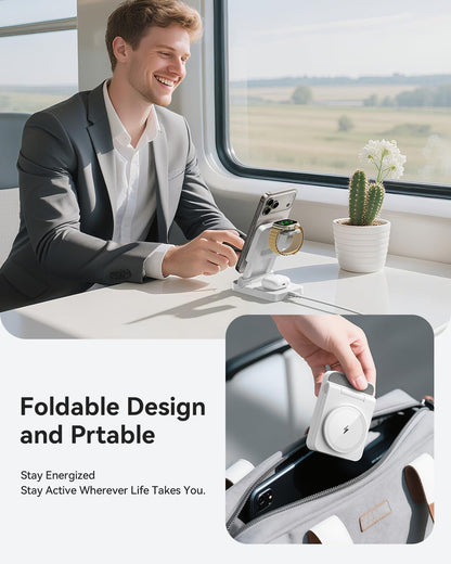 3-in-1 Foldable & Retractable Magnetic Wireless Charger, 15W Fast Charging Station, Portable Fast Charging Stand, Charging for iPhone 17/16/15/14/13/12, Apple Watch, AirPods (Black)