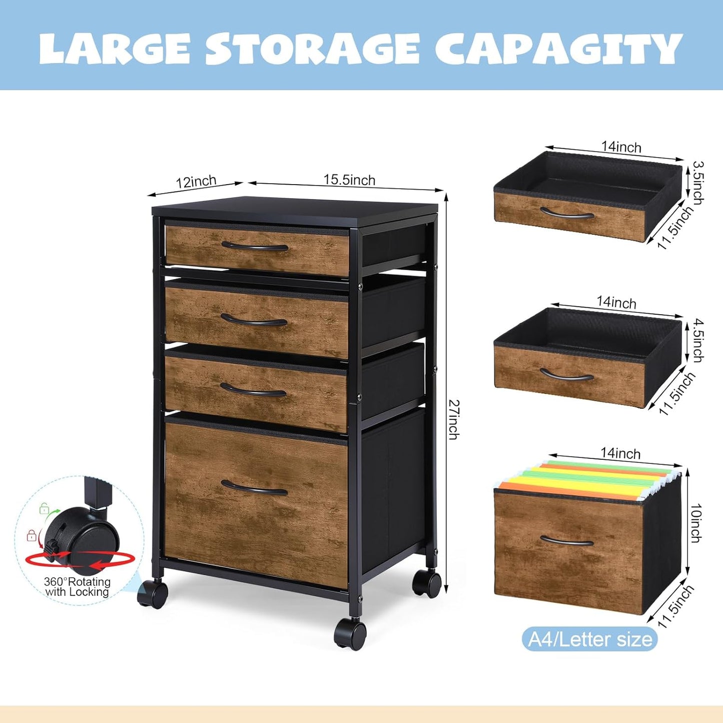 Chunful 4 Drawer Rolling File Cabinet Mobile Printer Stand Metal Cart with Fabric Vertical Filing Chest Wheels A4 Letter Size Under Desk Utility Craft Storage Organizer for Home Office School(Grey)